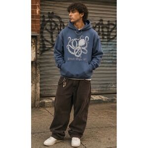 Octopus Hoodie Blue Medium Birch Bay WA Graphic Sweatshirt Pullover Y2K Workout
